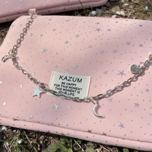 Detailed shot of pink star-patterned laptop storage bag with silver chain strap and charms.