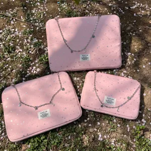 Pink star chain laptop sleeve ballet style cute tablet storage bag detailed view showcase