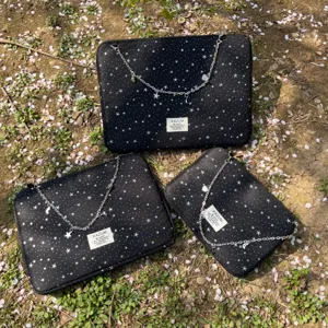 KAZUM Black Star Laptop Sleeve Bag Ins Style Tablet Organizer with Cute Silver Chain Strap Set