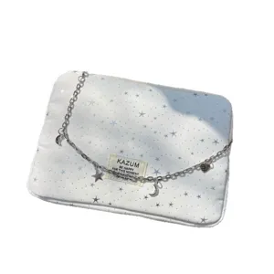 White star pattern laptop sleeve with silver chain strap, aesthetic cute iPad organizer bag.