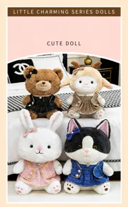 Cute plush doll set with furry animals in elegant tweed dress and pearl necklace for kids.