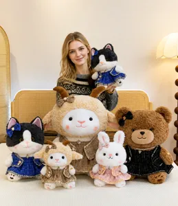 Cute plush sheep cat rabbit bear animal toys with tweed dress soft companion gift for kids and girls