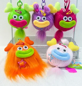 Detailed view of cute funny long hair big mouth monster plush keychain toy pendant bag charm.