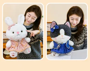 Plush toy detail scene showcasing cute rabbit and cat dolls with nice dresses for cozy room.