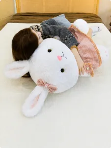 Cute fluffy rabbit plush toy with pink floral dress soft stuffed doll companion gift