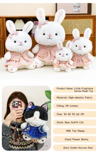 Plush toy detail view, cute stuffed rabbit and cat dolls in tweed dress, soft material.
