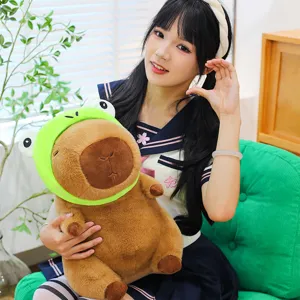 Cute Capybara Plush Toy with Frog Hat Stuffed Animal Doll Soft Pillow Gift for Kids