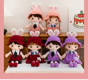 Cute couple plush dolls wearing bunny hats and cute dresses, soft and cuddly plush toys for sweet girls.