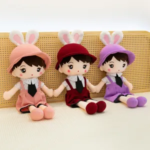 Cute cartoon couple plush doll with bunny ear hat and dress, soft stuffed toy gift for girls.