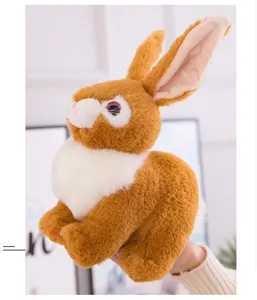 Realistic plush rabbit toy detail view, soft brown and white fur, cute and healing design.