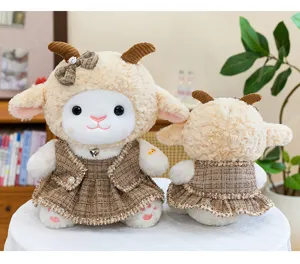 Cute fluffy lamb plush toy with tweed vest and skirt, soft companion doll gift for kids.