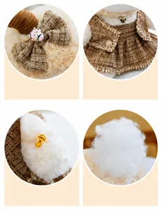 Plush toy detail view showcasing soft tweed outfit, cute bow, and premium filling.