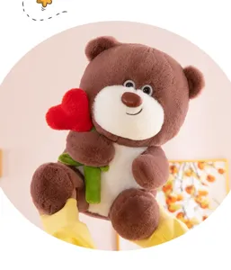 Orsetto di peluche marrone con rosa a cuore rosso,morbido cuscino animale di peluche regalo.