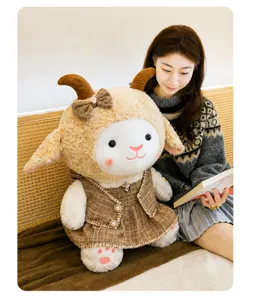 Cute plush sheep toy with brown dress and cute horns, cozy companion doll for gift and room decor.