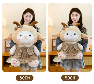 Plush lamb toy detail view, cute stuffed animal with brown dress, soft comforting doll.