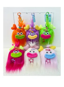 Cute long hair monster plush keychain cartoon big mouth pendant fluffy bag key ring detail shot