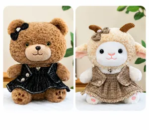 Cute plush bear and sheep doll toys in elegant tweed dresses, soft companion gift for kids.