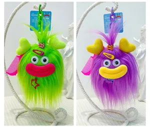 Cute furry monster plush keychain with comb and clips, funny fuzzy bag charm pendant 2pcs.