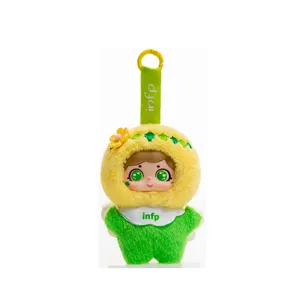 Mini plush doll keychain with cute vinyl face, yellow hood and INFP letter print for bags.