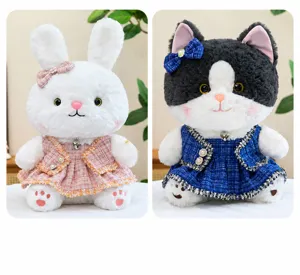 Cute plush rabbit and cat stuffed animal toys with elegant tweed dress, soft companion gifts.