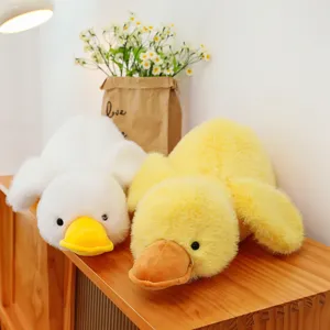 Cute fluffy lying duck plush toy pillow, soft yellow and white stuffed animal doll for kids