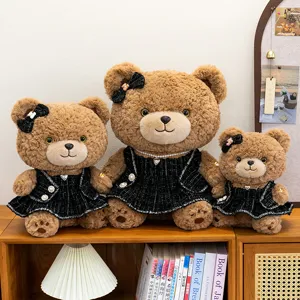 Fluffy teddy bear plush toy cute stuffed animal with tweed dress soft companion doll gift