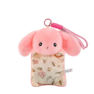 Cute pink plush bunny keychain doll with floral fabric pouch, soft hanging pendant ornament.