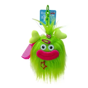 Cute green fluffy monster plush keychain with big pink mouth and comb accessory, soft toy pendant.
