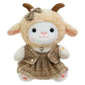 Cute fluffy sheep plush toy stuffed animal doll with brown tweed dress and bow for kids gifts