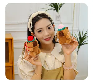 Charming capybara plush toy keychain featuring cute knitted hat, perfect bag pendant detail.