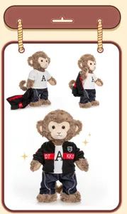 Plush monkey doll with trendy jacket and t-shirt outfit, cute stuffed animal toy detail view.