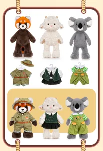 Plush toy dressing detail, cute animal doll with cute outfits, fine stitching and soft fabric.