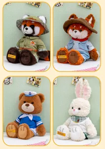 Detail view of cute dressing plush animal dolls set featuring adorable outfits and accessories.