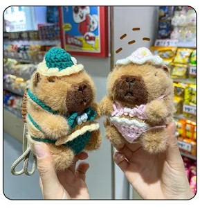 Cute crochet capybara plush keychain, Hawaii bikini style bag pendant toy details.