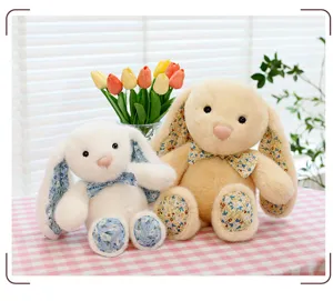 Cute floral long-ear bunny plush toy set, soft stuffed animal doll for home decor and gifts.