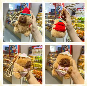 Cute crochet capybara keychain plush pendant, detailed view of backpack and bikini styles.