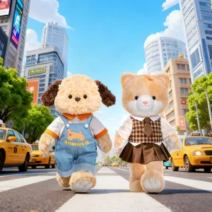 Cute plush toy set featuring dressed dog and cat figures in urban street style. Soft doll gifts.