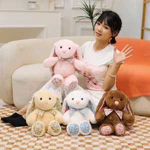 Cute floral long-ear bunny plush toy, soft stuffed animal doll, healing companion gift for girls and kids.