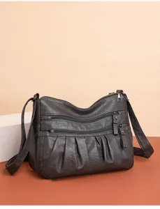 Grey soft leather multi-pocket shoulder crossbody bag detail view, daily casual style
