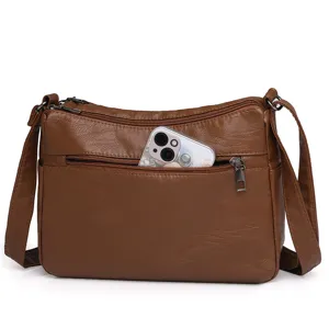 Women fashion brown PU leather multi-pocket shoulder crossbody bag large capacity daily use