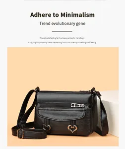 Retro fashion women's black shoulder messenger bag PU leather casual small square bag with heart