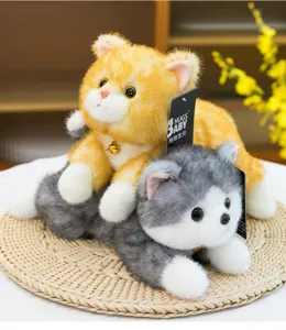 Cute lying cat plush toy set, soft stuffed kitten doll for kids and birthday gifts.