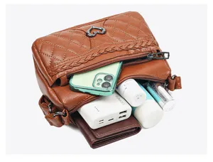 Retro women quilted soft leather crossbody bag detail, casual phone purse with great capacity.