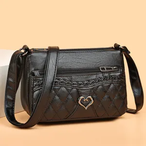 Retro Fashion PU Leather Small Square Bag Women Crossbody Shoulder Bag With Quilted Weaving And Heart Metal Decor