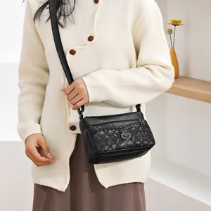 Black quilted soft leather crossbody bag casual retro shoulder bag for women daily fashion