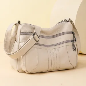 Women's PU Leather Crossbody Bag Large Capacity Multi-Pocket Shoulder Bag Solid Color Soft Leather Handbag