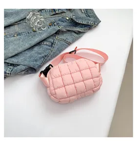Pink quilted crossbody bag for women, stylish puffer shoulder bag with adjustable strap.