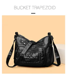 Classica borsa a secchiello in pelle nera lavata con tasche multiple con zip per tutti i giorni.