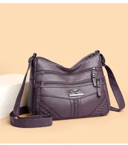 Stylish purple soft leather multi-pocket shoulder crossbody bag for women, large casual daily use.