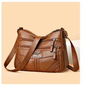 Women brown soft leather multi-layer crossbody shoulder bag casual daily use large capacity